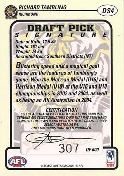 2005 Select Dynasty AFL - Draft Pick Signatures #DS4 Richard Tambling Back